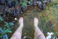 Asian woman& x27;s foot soaked in mineral water, a soothing mood for a foot spa concept