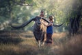 Asian woman farmer with son riding a buffalo Royalty Free Stock Photo