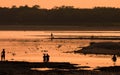 Asian women fishing in the river, silhouette at sunset