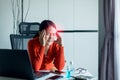 Asian woman have a migraine during working at home,Female suffering from headache