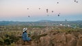 Asian women in hot air balloon during sunrise in Cappadocia Turkey, Kapadokya Goreme Royalty Free Stock Photo