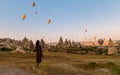 Asian women in hot air balloon during sunrise in Cappadocia Turkey, Kapadokya Goreme Royalty Free Stock Photo