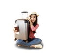 Asian women long hair wear Straw hat, sitting in hand holding passport book and travel bag with copy space.. Young girl ready to Royalty Free Stock Photo