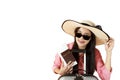 Asian women long hair wear Straw hat, sunglasses in hand holding passport book and travel bag with copy space.. Young girl ready Royalty Free Stock Photo