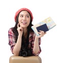 Asian women with luggage and passport with plane tickets to travel around the world. Royalty Free Stock Photo