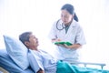 Asian woman professional doctor with notepad smiling, visiting, talking, and diagnosing the old man patient lying in bedd