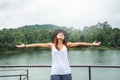 Asian women relax in the holiday. In the natural atmosphere, mountain forest