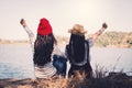 Asian women sitting on rock in nature Royalty Free Stock Photo