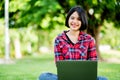 women smile happily and laptop. Work online online communication Messaging Online learning Online communication concept Royalty Free Stock Photo