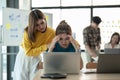 Asian women are stressed while working on laptop, Tired asian businesswomen with headache at office, feeling sick at Royalty Free Stock Photo