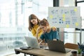 Asian women are stressed while working on laptop, Tired asian businesswomen with headache at office, feeling sick at Royalty Free Stock Photo