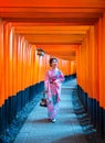 Asian women in traditional japanese kimonos at Fushimi Inari Shrine in Kyoto, Japan