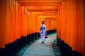 Asian women in traditional japanese kimonos at Fushimi Inari Shrine in Kyoto, Japan Royalty Free Stock Photo