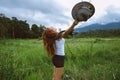 Asian women travel relax in the holiday. travelling in countrysde Morning atmosphere nature Forests, mountains. summer Royalty Free Stock Photo