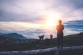 Asian women travel relax. Morning atmosphere nature Forests, mountains. Phu Thap Buek Thailand Royalty Free Stock Photo