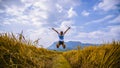 Asian women travel Rice fields Golden yellow On the mountains in the holiday. happy and enjoying a beautiful nature. travelling in Royalty Free Stock Photo