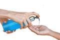 Asian women using hands Press the pump on the hand sanitizer bottle