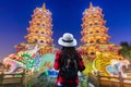 Asian women visit Dragon and the tiger pagoda at the lotus pond  at night Royalty Free Stock Photo