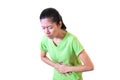 Asian women wear green shirts. Standing stomach pain from gastritis Or menstrual cramps. isolated on white background and clipping Royalty Free Stock Photo