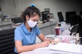 Asian women wearing medical masks work to prevent COVID-19