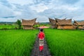 Asian women wearing Thai dress costume traditional according Thai culture at famous place in Nan province, Thailand