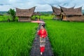 Asian women wearing Thai dress costume traditional according Thai culture at famous place in Nan province, Thailand