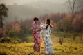 Asian women wearing traditional japanese kimono Royalty Free Stock Photo