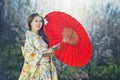 Asian women wearing traditional Japanese kimono