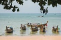 Asian wooden passenger boats on the beach.