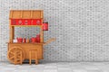 Asian Wooden Street Food Meatball Noodle Cart with Chairs. 3d Rendering