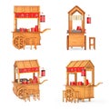 Asian Wooden Street Food Meatball Noodle Cart with Chairs. 3d Rendering