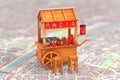 Asian Wooden Street Food Meatball Noodle Cart with Chairs over Abstract Map. 3d Rendering