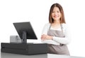 Asian worker with cashier desk Royalty Free Stock Photo