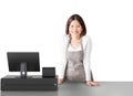 Asian worker with cashier desk Royalty Free Stock Photo