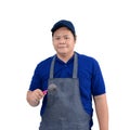 Asian worker man in blue shirt with apron and protective gloves hand holding Scrub brush isolated on white