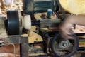 Asian worker, wood workshop, coconut product Royalty Free Stock Photo