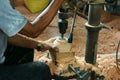 Asian worker, wood workshop, coconut product Royalty Free Stock Photo