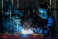 Asian workers wearing industrial uniforms and welded iron mask at steel welding plants. heavy industrial worker inside factory