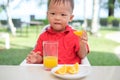 Asian 1 year old toddler baby boy child sitting in high chair holding & drinking tasty orange juice Royalty Free Stock Photo