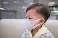 Asian 2 - 3 years old toddler boy child wearing protective medical mask, Concept of coronavirus quarantines and Air pollution pm2.