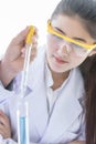 Asian yound student scientist researching and learning with senior scientist have teaching background in a laboratory Royalty Free Stock Photo