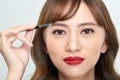 Asian young beautiful woman applying cosmetic powder brush on eyebrow, natural makeup, beauty face Royalty Free Stock Photo