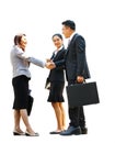 Asian young business men and women team work shake hands to express joy in reaching a business cooperation agreement isolate on Royalty Free Stock Photo