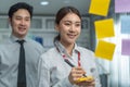 Asian young business people group have discussion meeting in office. Man and woman have brainstorming and working together as Royalty Free Stock Photo