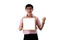 Asian young businessman has standing and holding the blank white screen board with happy on isolated on wihte background