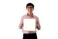 Asian young businessman has standing and holding the blank white screen board with happy on isolated on wihte background Royalty Free Stock Photo