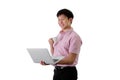 Asian young businessman has standing and working with a cup of coffee on isolated on wihte background