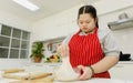 Asian young chubby down syndrome autistic autism girl pastry chef model wearing red apron standing threshing pulling bakery flour