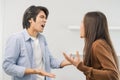 Asian young couple fight standing on white background, relationship in trouble. Different angry, use emotion shouting at each Royalty Free Stock Photo