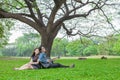 asian young couple in love enjoy playing guitar under a big tree in park Royalty Free Stock Photo